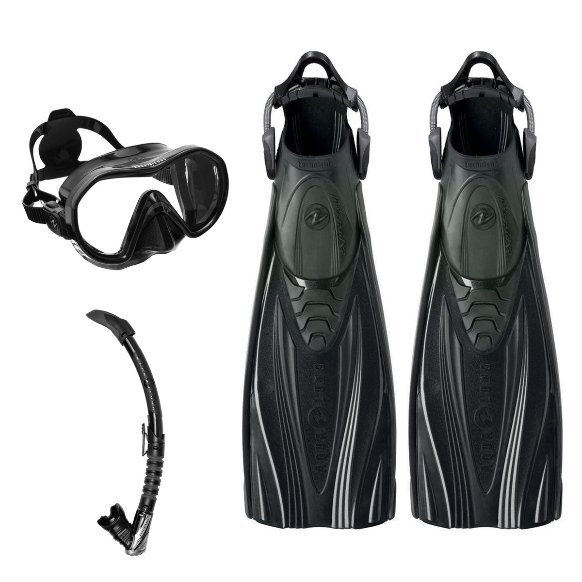 Aqua Lung Reveal X1 mask, Zephyr Flex snorkel and Express ADJ fins, all in black