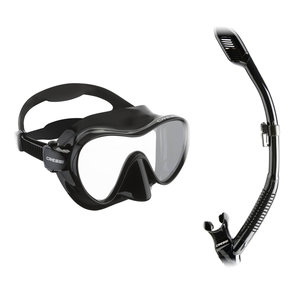 Cressi F1 frameless mask in black and Supernova Dry snorkel in black
