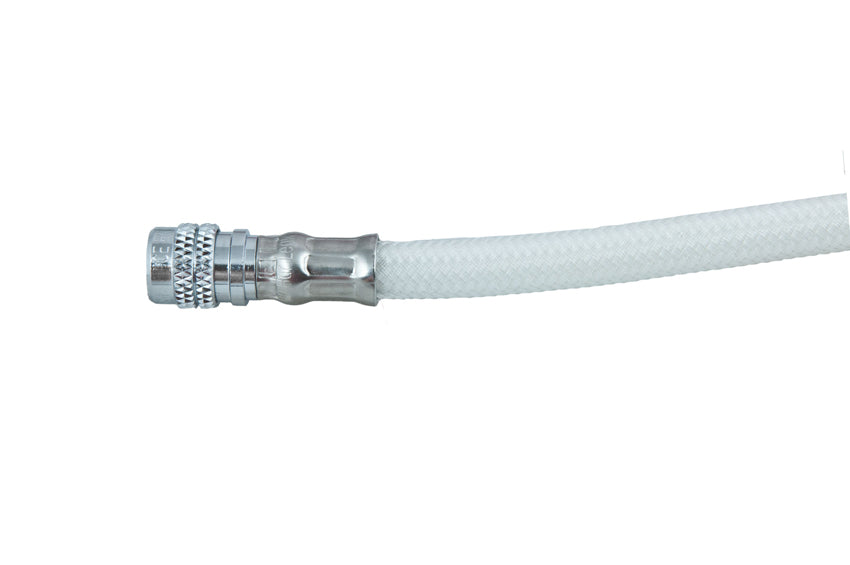 Close view of a white Tecline Proflex inflator hose and chrome coupling