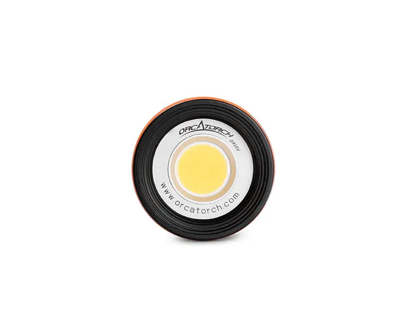 OrcaTorch D910V seen head-on, close-up of the wide chip-on-board LED