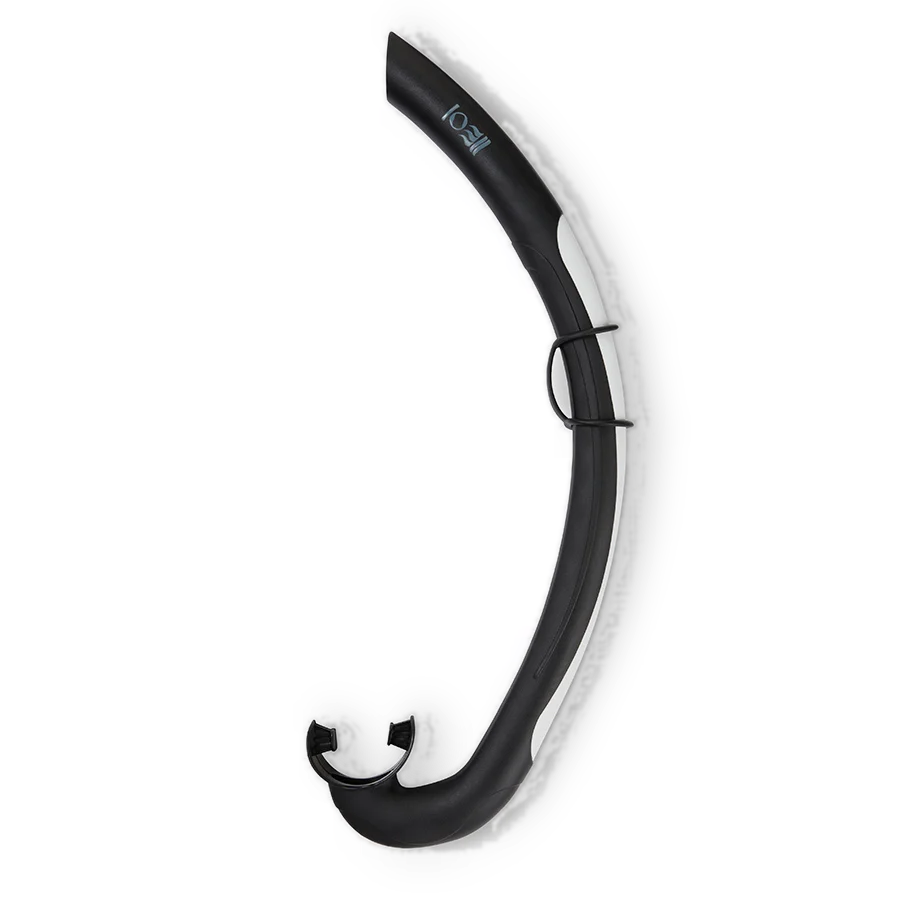 Fourth Element Float freediving snorkel in black, shown in profile with its flat-folding tube and strap keeper