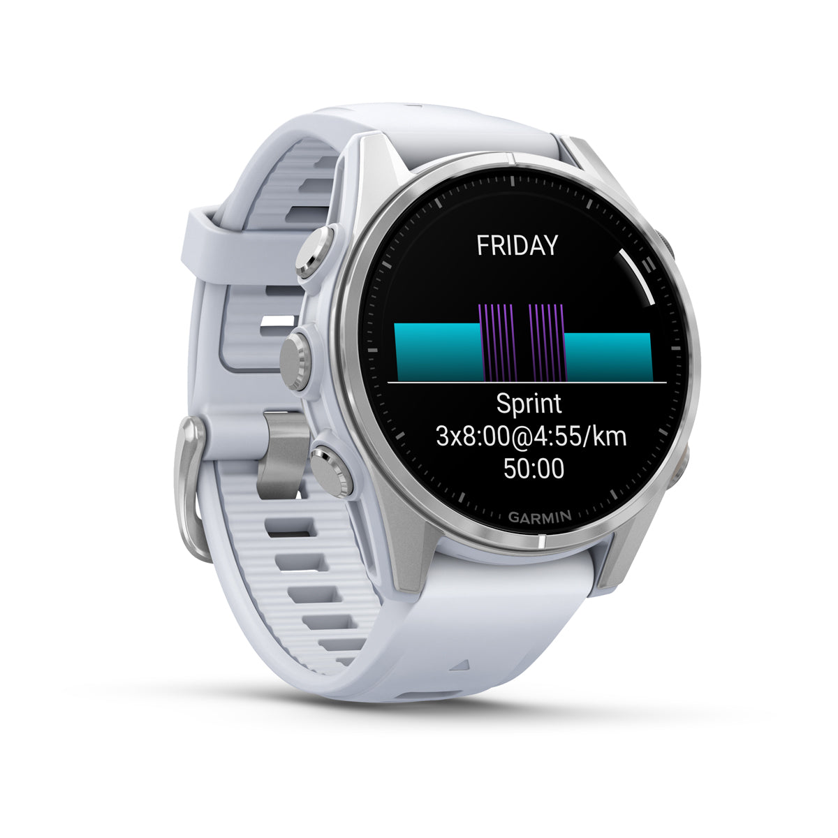 Garmin Fenix 8 AMOLED angled view showing a suggested workout