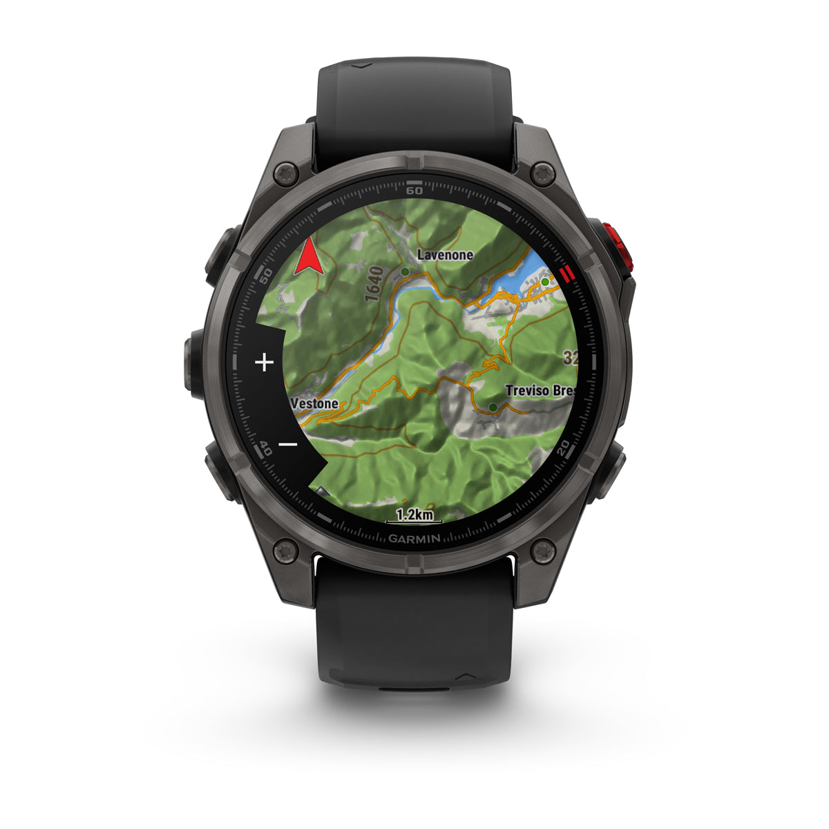 Garmin Fenix 8 Pro AMOLED front view showing a topographic map