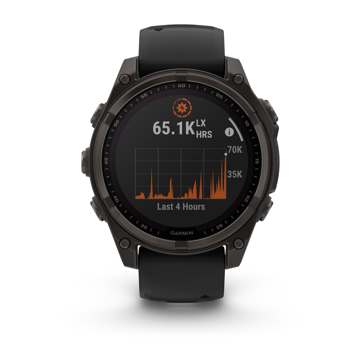 Garmin Fenix 8 Solar front view showing the solar intensity graph