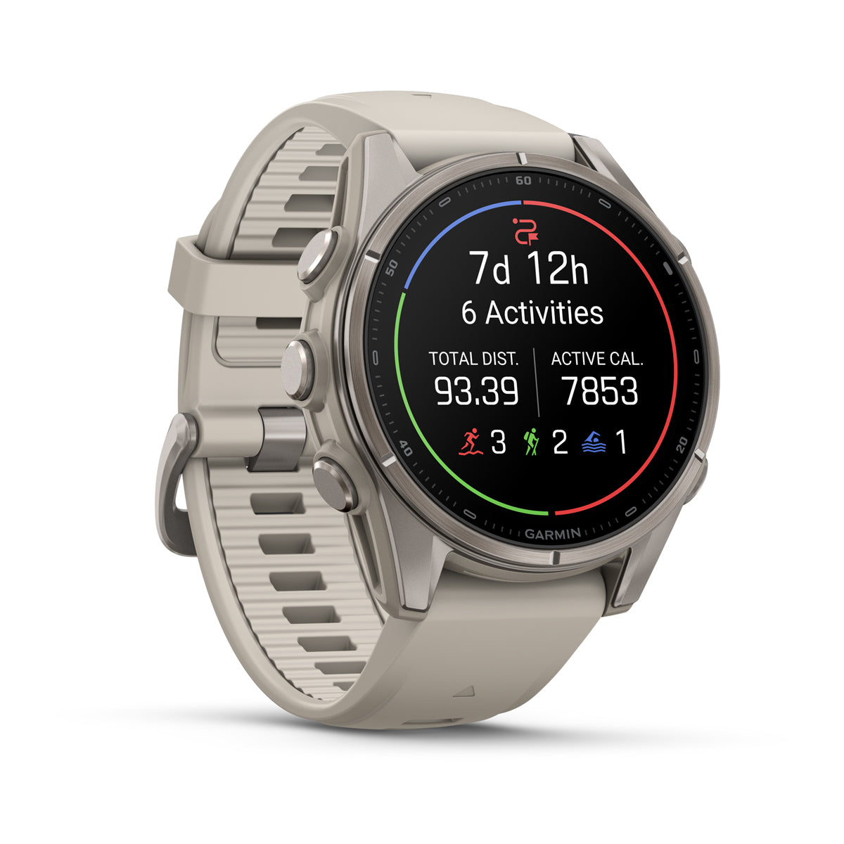 Garmin Fenix 9 angled view showing weekly activity totals