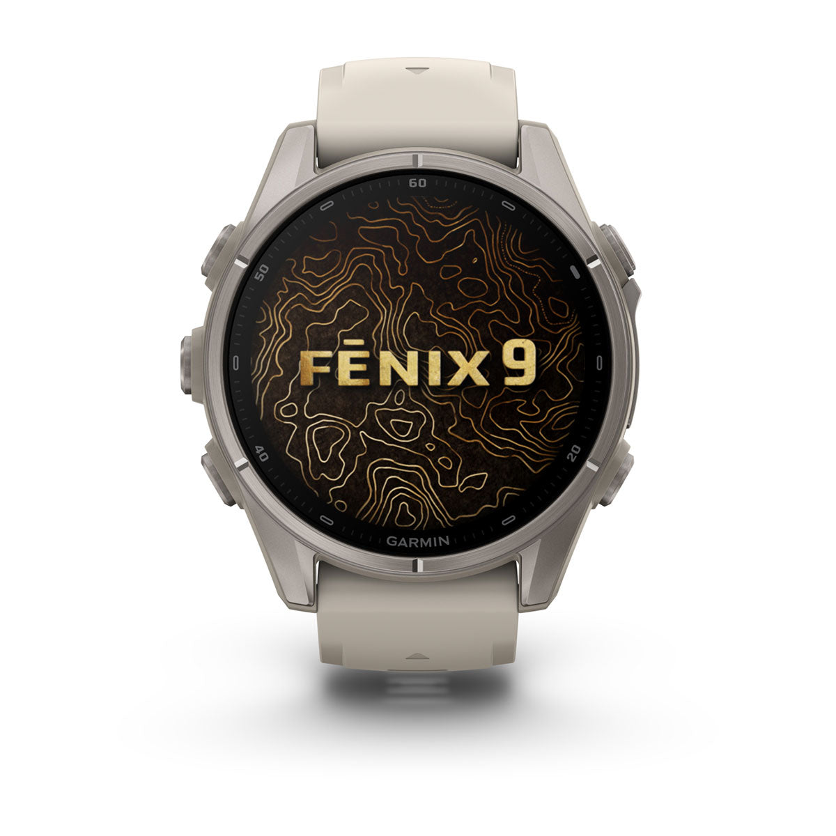 Garmin Fenix 9 front view showing the Fenix 9 start screen