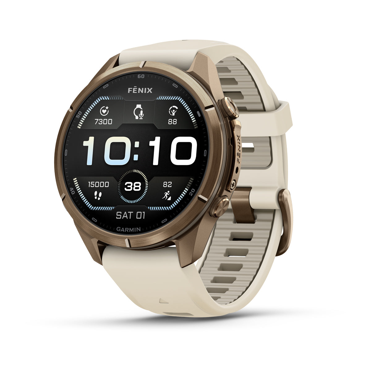 Garmin Fenix 9 Pro 43 mm, Titanium with Shell Pink/Autumn Orange band, angled view