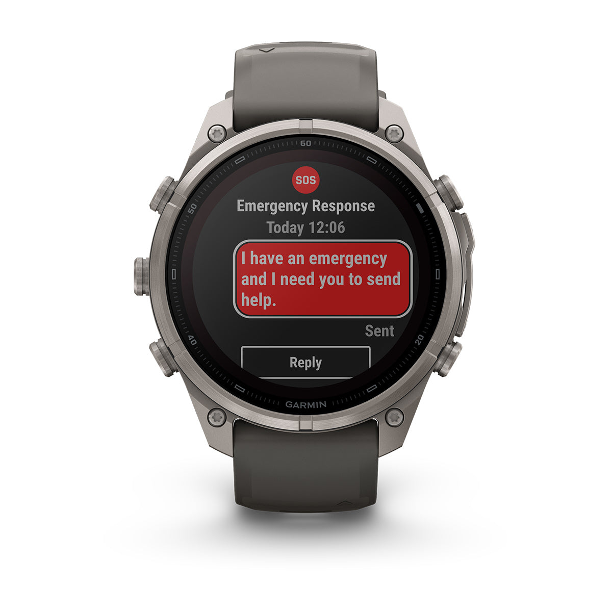 Garmin Fenix 9 Pro inReach Solar front view showing an emergency SOS message