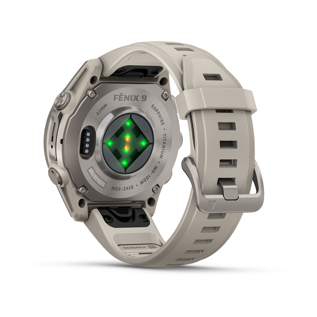 Garmin Fenix 9 underside showing the optical heart rate sensor
