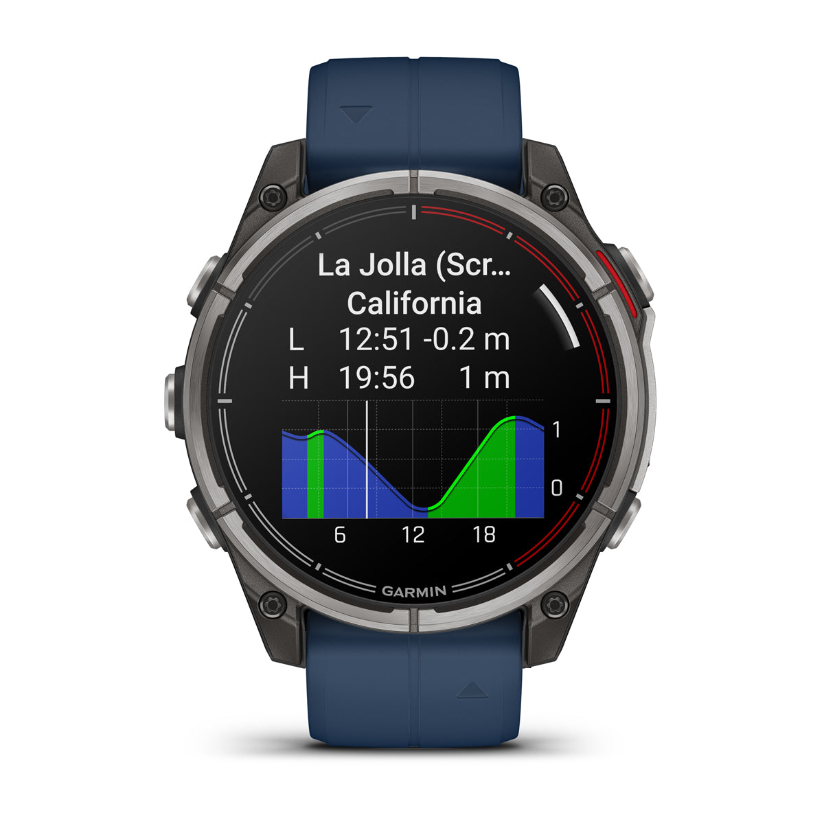 Garmin Quatix 8 AMOLED front view showing a tide chart