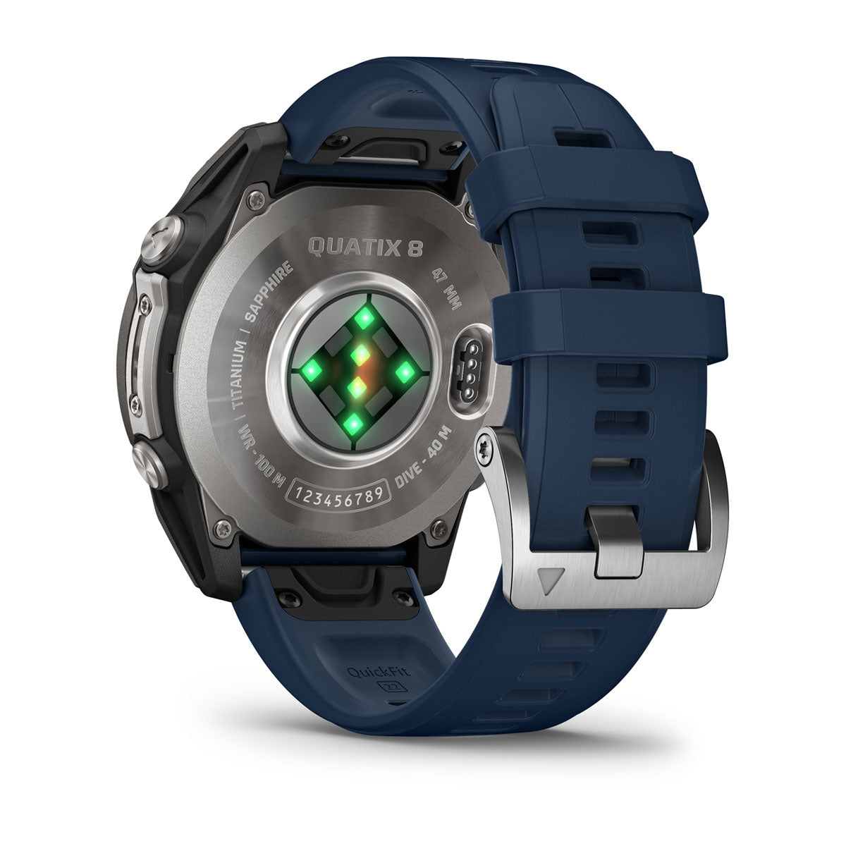Garmin Quatix 8 AMOLED underside showing the optical heart rate sensor
