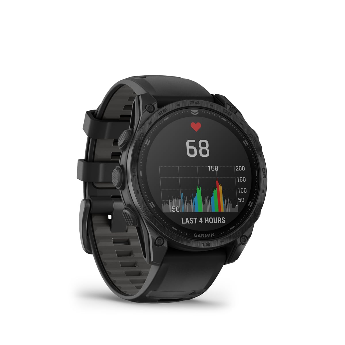 Garmin Tactix 8 AMOLED angled view showing a heart rate graph