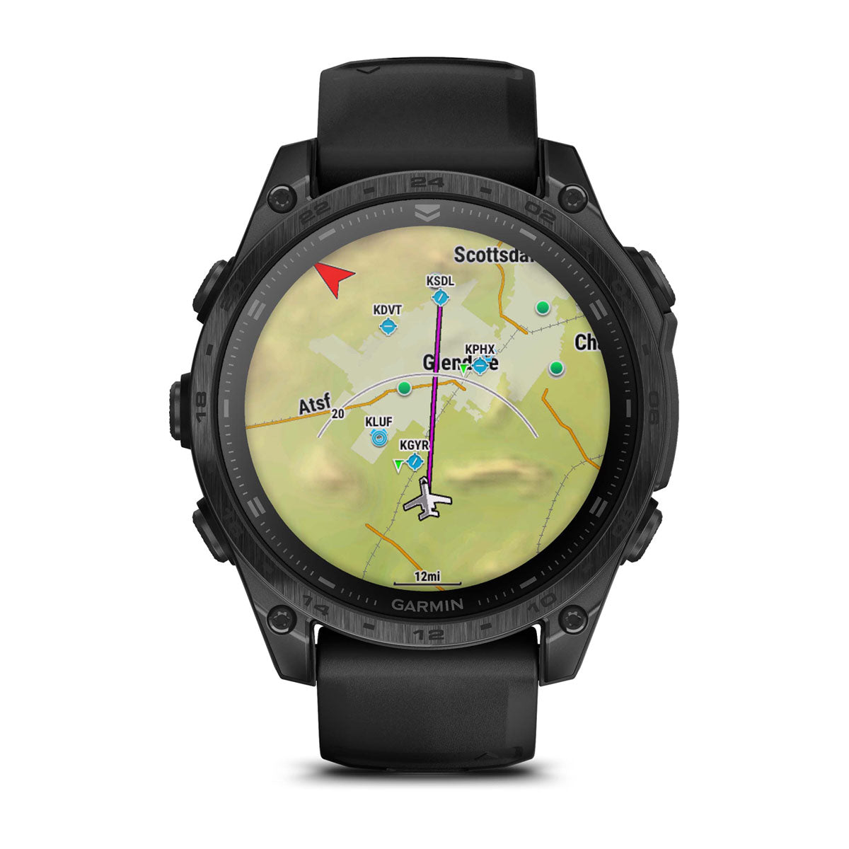Garmin Tactix 8 AMOLED front view showing a topographic map