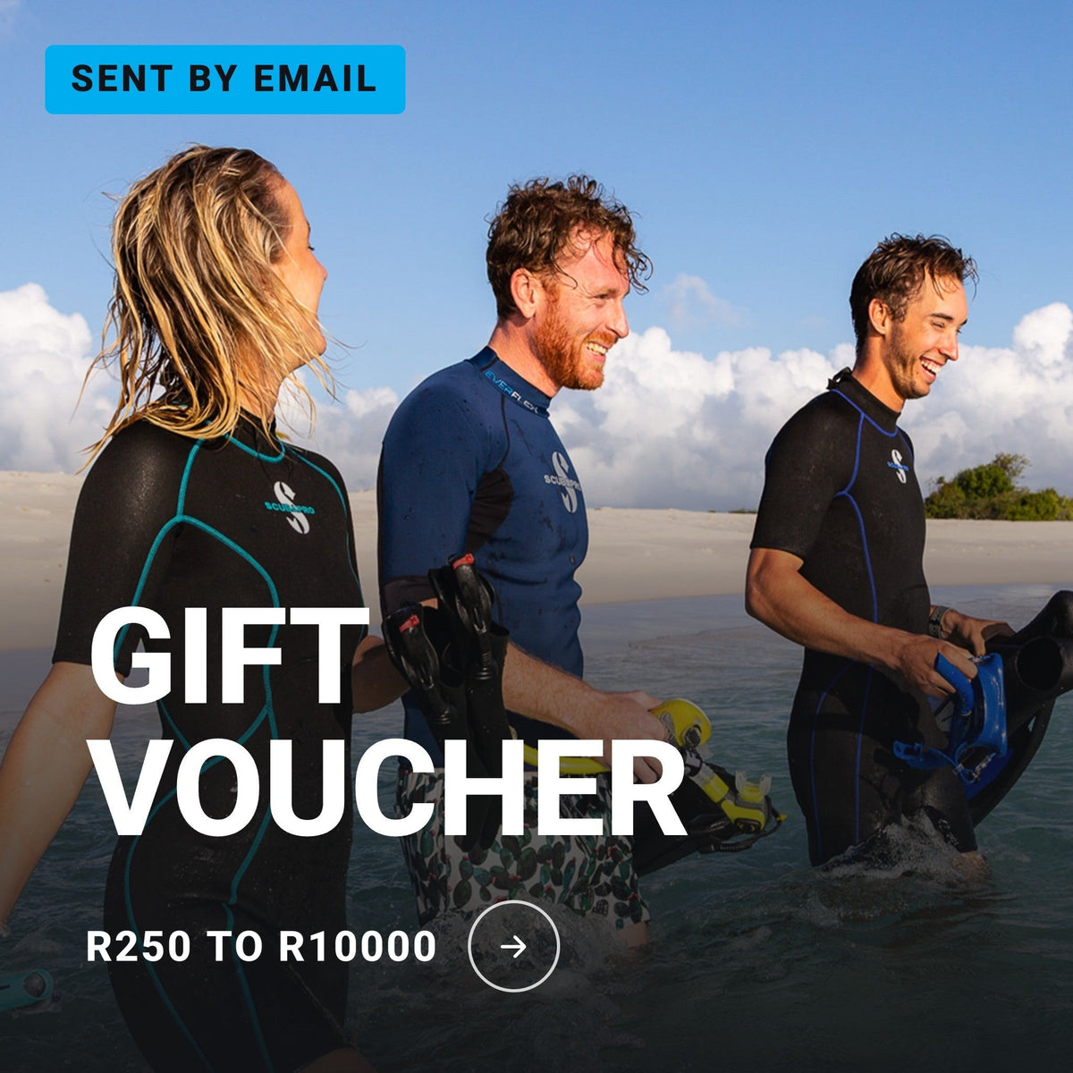 Scuba Evolution gift voucher, R250 to R10000, sent by email, shown over three friends laughing as they wade into turquoise water