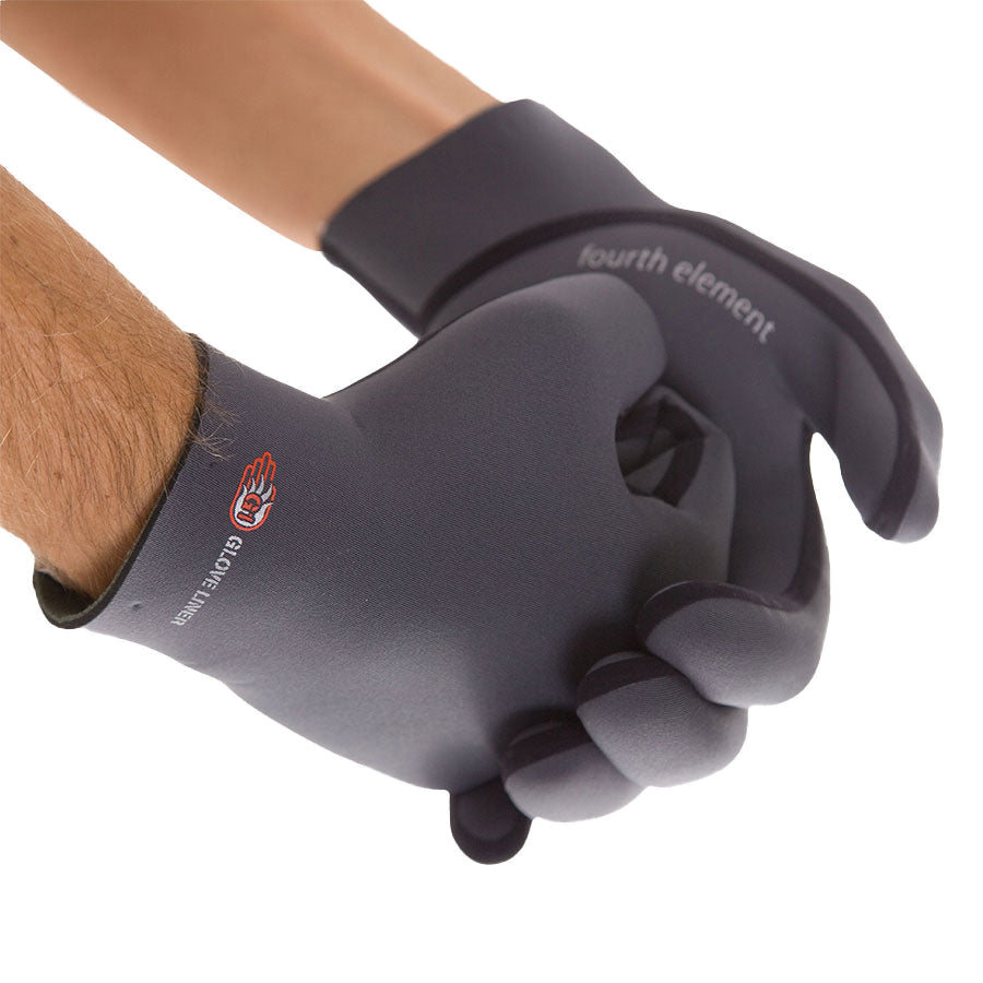 Pair of grey Fourth Element G1 Hydrofoam glove liners worn on the hands