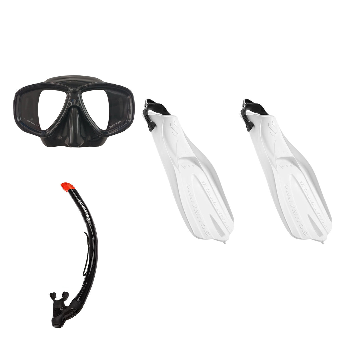 SCUBAPRO Ecco mask and snorkel in black, with GO Travel fins in black
