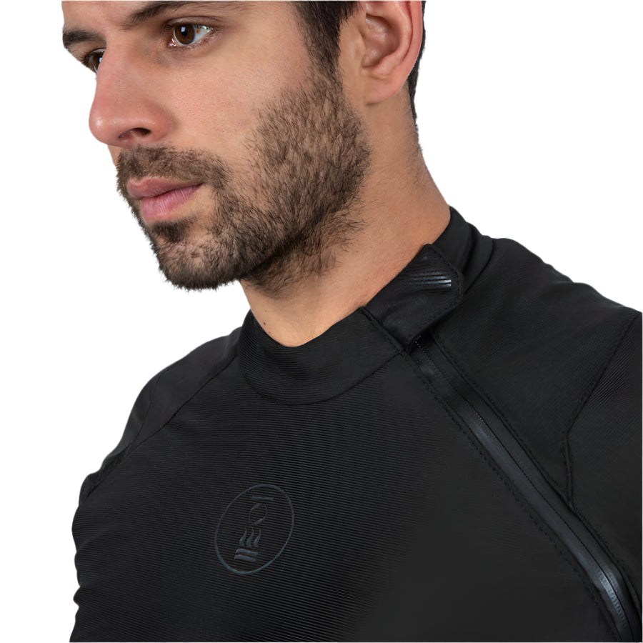 Fourth Element Halo AR men's drysuit undersuit in black, front view on a model