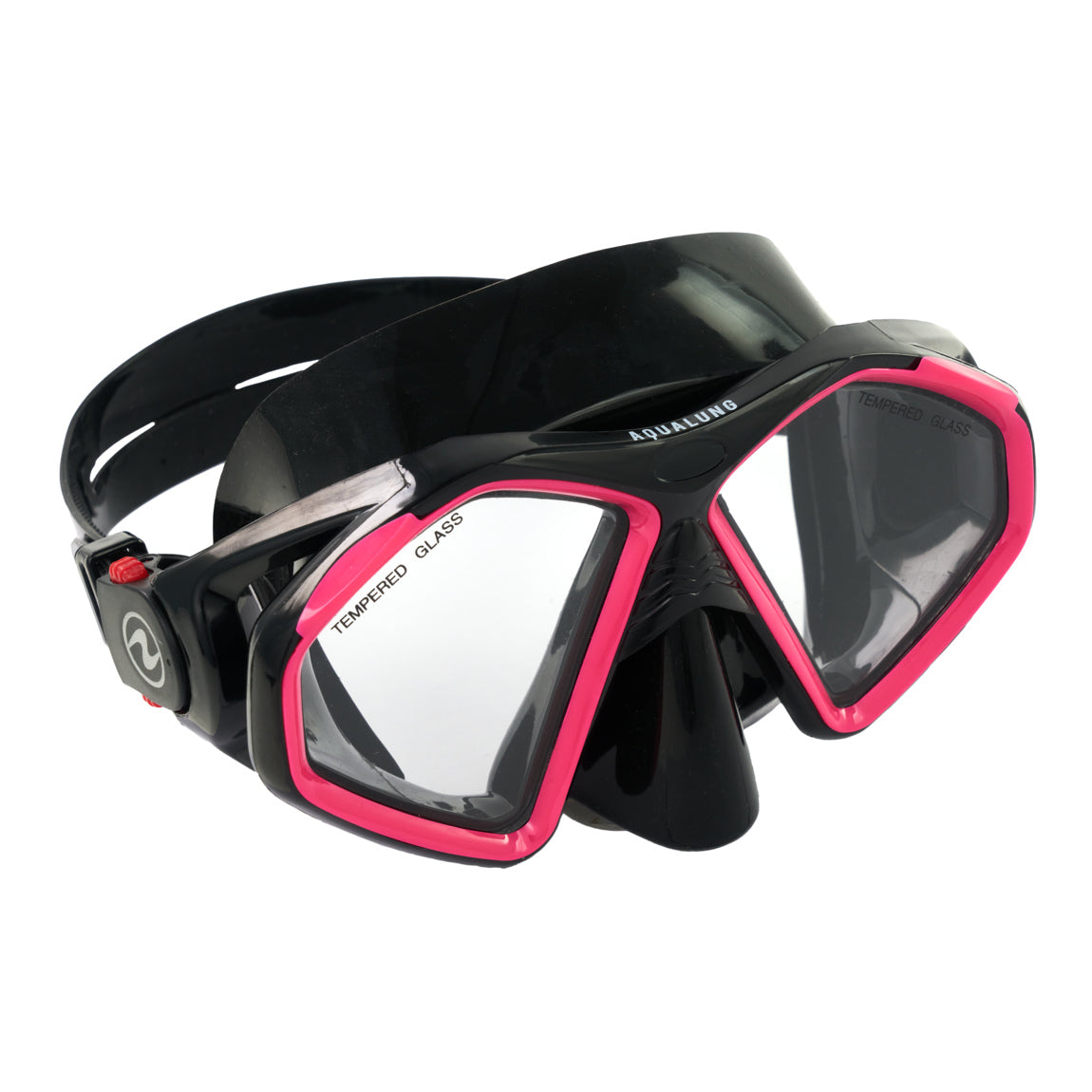 Aqua Lung Hawkeye twin lens snorkelling mask in black with pink lens surrounds, three-quarter view