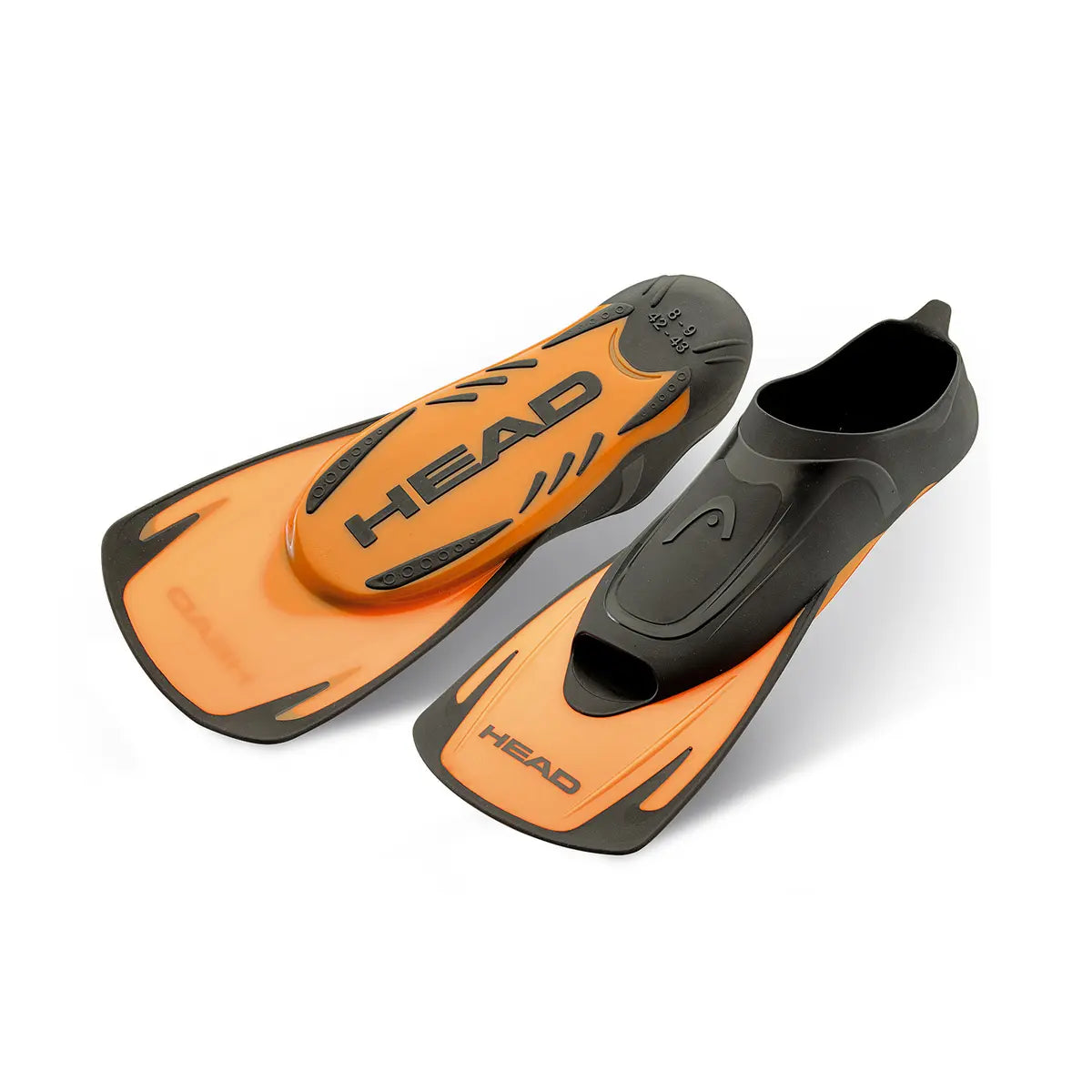 Pair of HEAD Energy swim training fins in orange and black
