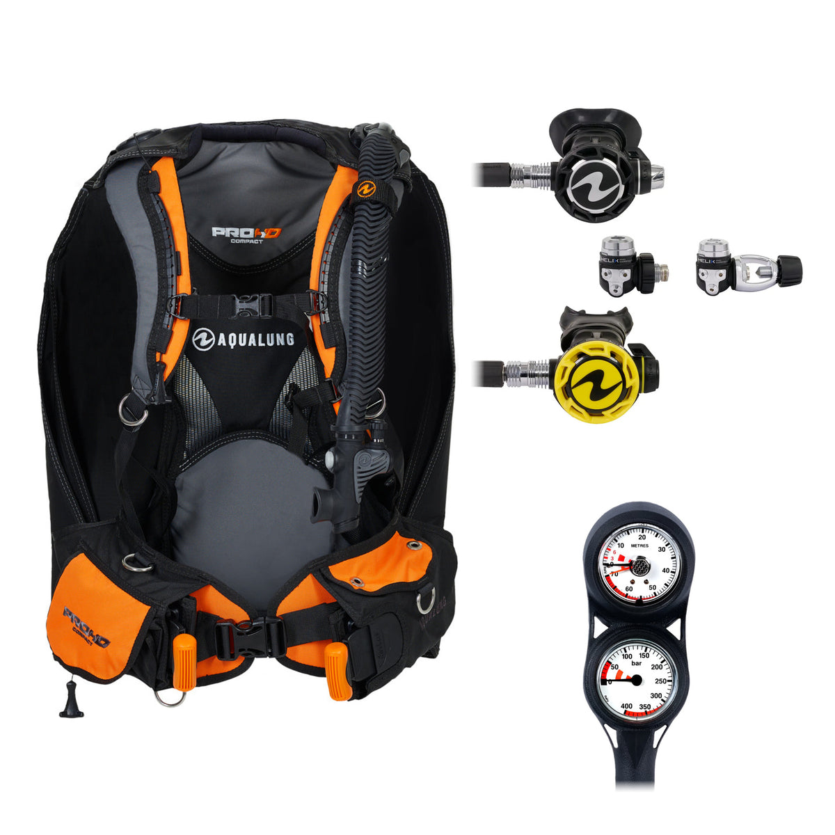 Aqua Lung Pro HD Compact BCD in black and orange, Helix Compact Pro regulator with its yellow octopus and two-gauge console