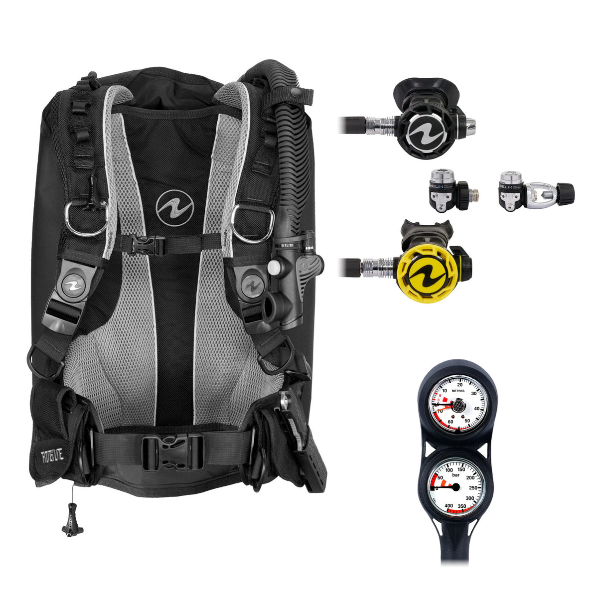 Aqua Lung Rogue BCD in black and grey, Helix Compact Pro regulator with its yellow octopus and two-gauge console