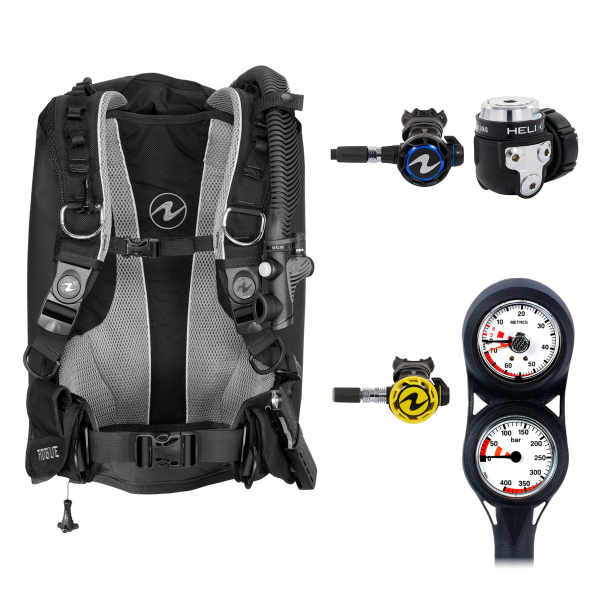 Aqua Lung Rogue BCD in black and grey, Helix Compact regulator and two-gauge console, with the Helix Compact Octopus Pro octopus