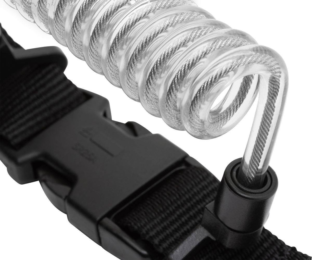 Macro of the clear coil where it meets the buckle and black webbing