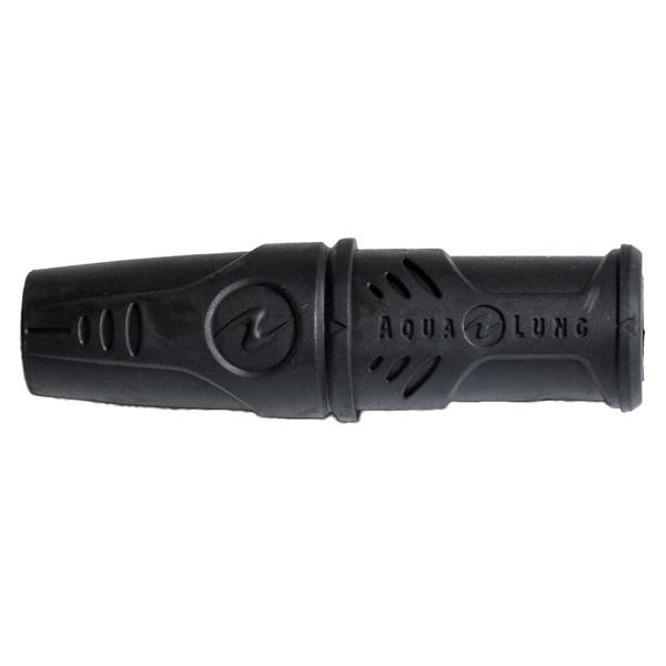 Aqua Lung hose protector in black, a tapered moulded sleeve with the Aqualung logo on the side