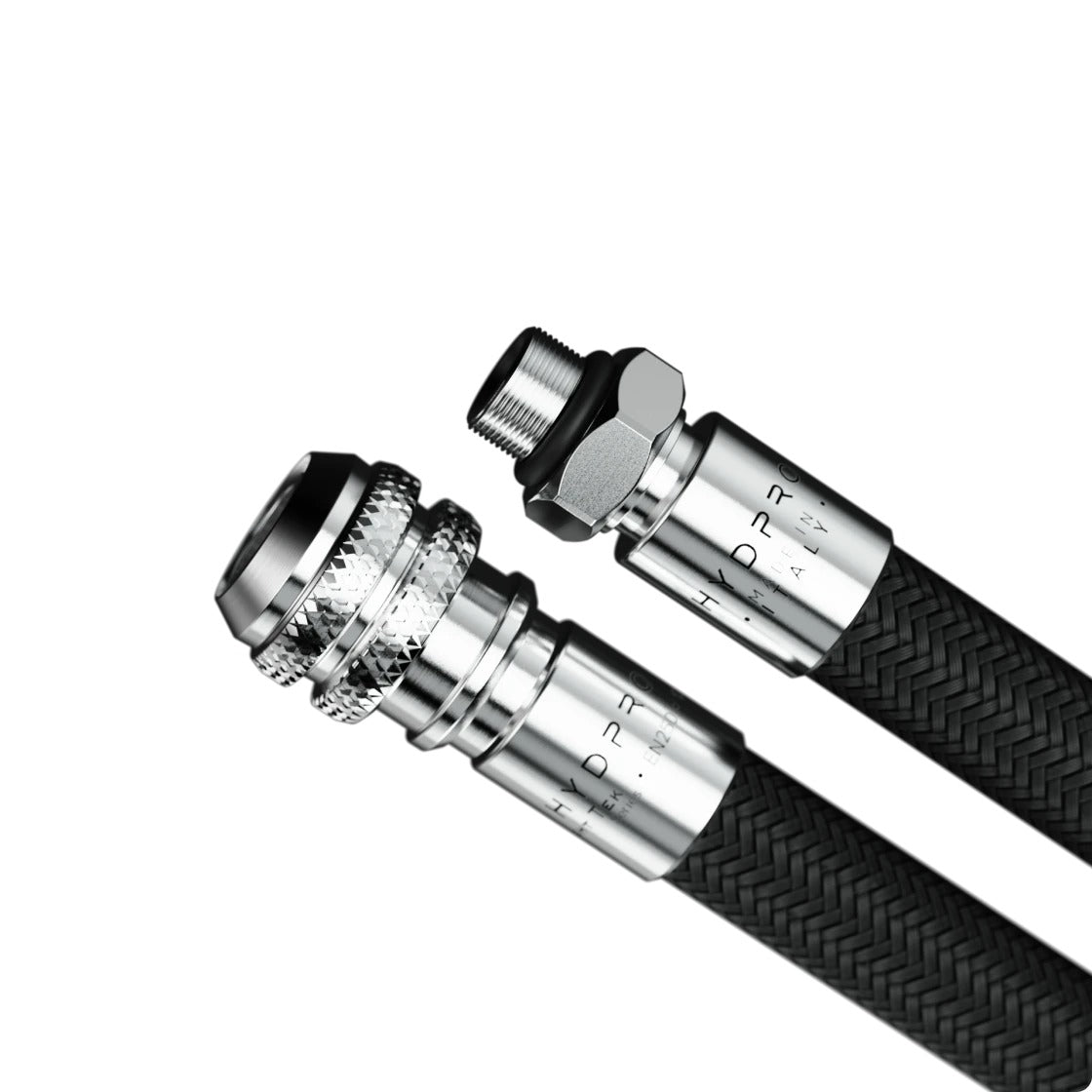 Hydpro Bright Tek LP Inflator Hose in black braid, coiled with both fittings
