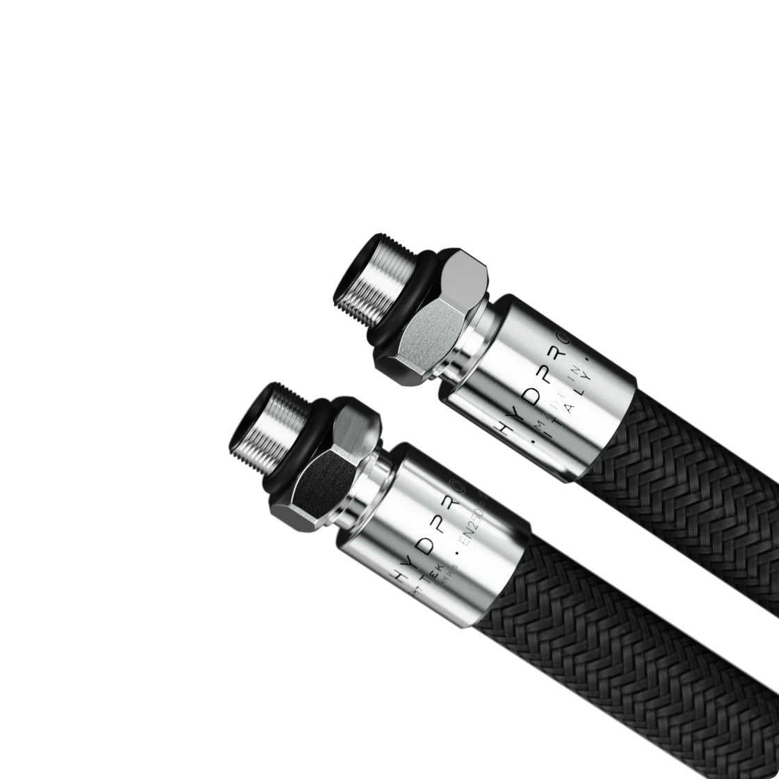 Hydpro Bright Tek LP Rebreather Hose in black braid, coiled with both male fittings