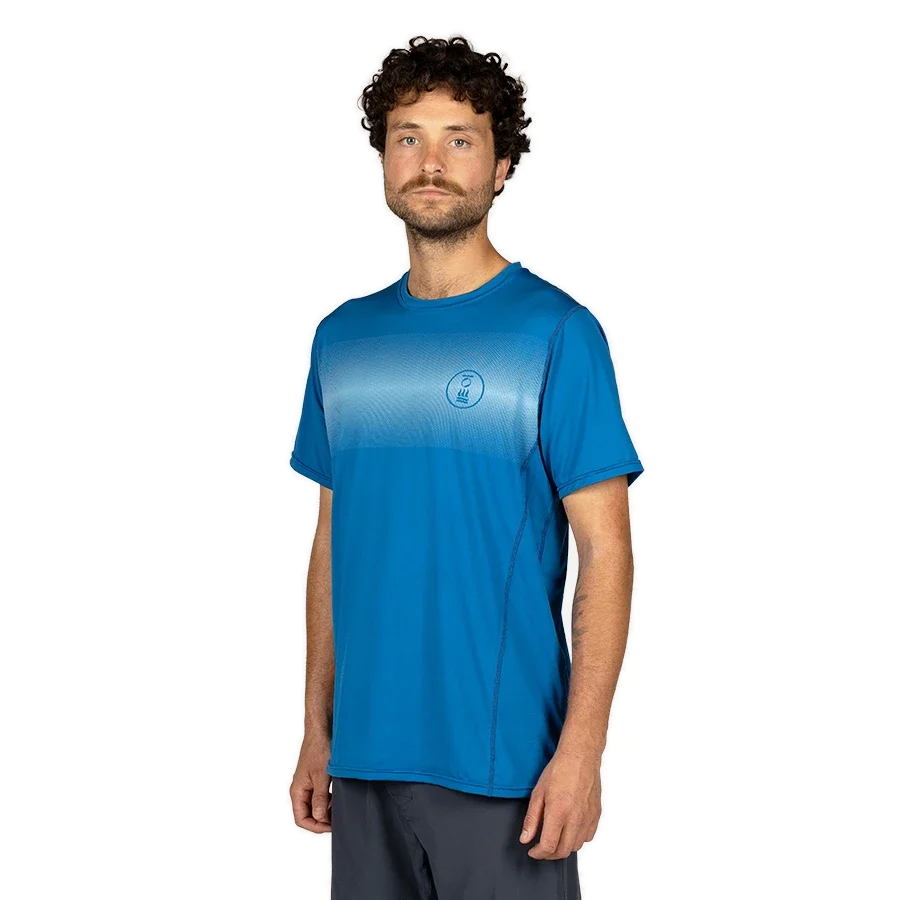 Men's Fourth Element OceanPositive short-sleeve Hydro-T in bright blue worn by a model