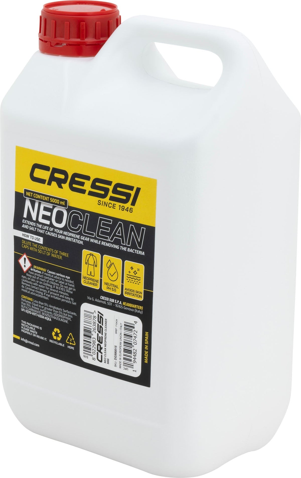 Five-litre Neoclean canister photographed square on, the label washed pale by the light