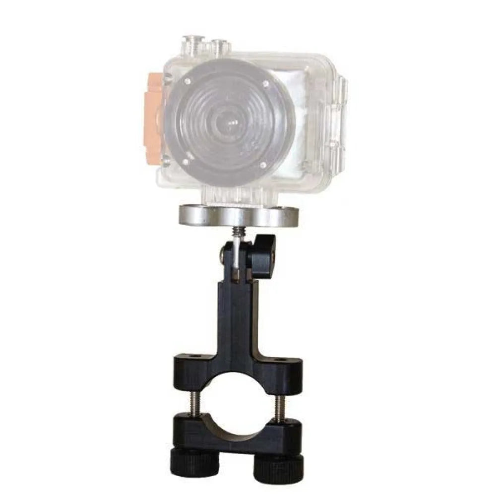 Intova bar and pole mount clamped to a bar, shown with a camera that is not included