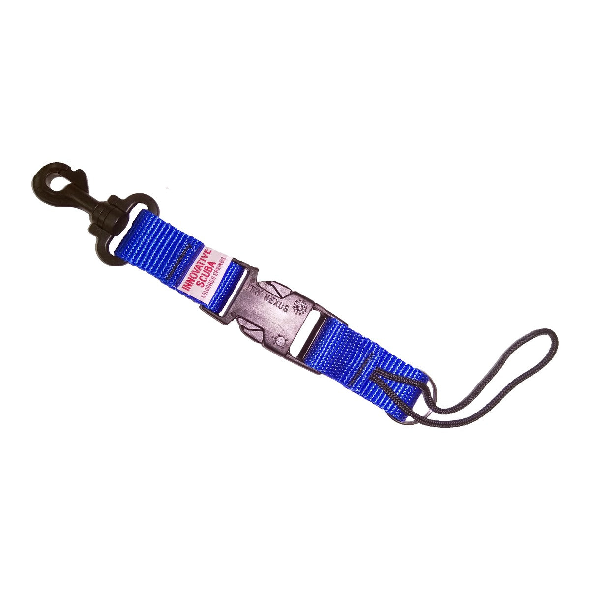 Innovative Scuba Concepts split ring quick-release lanyard in blue webbing with a carabiner clip