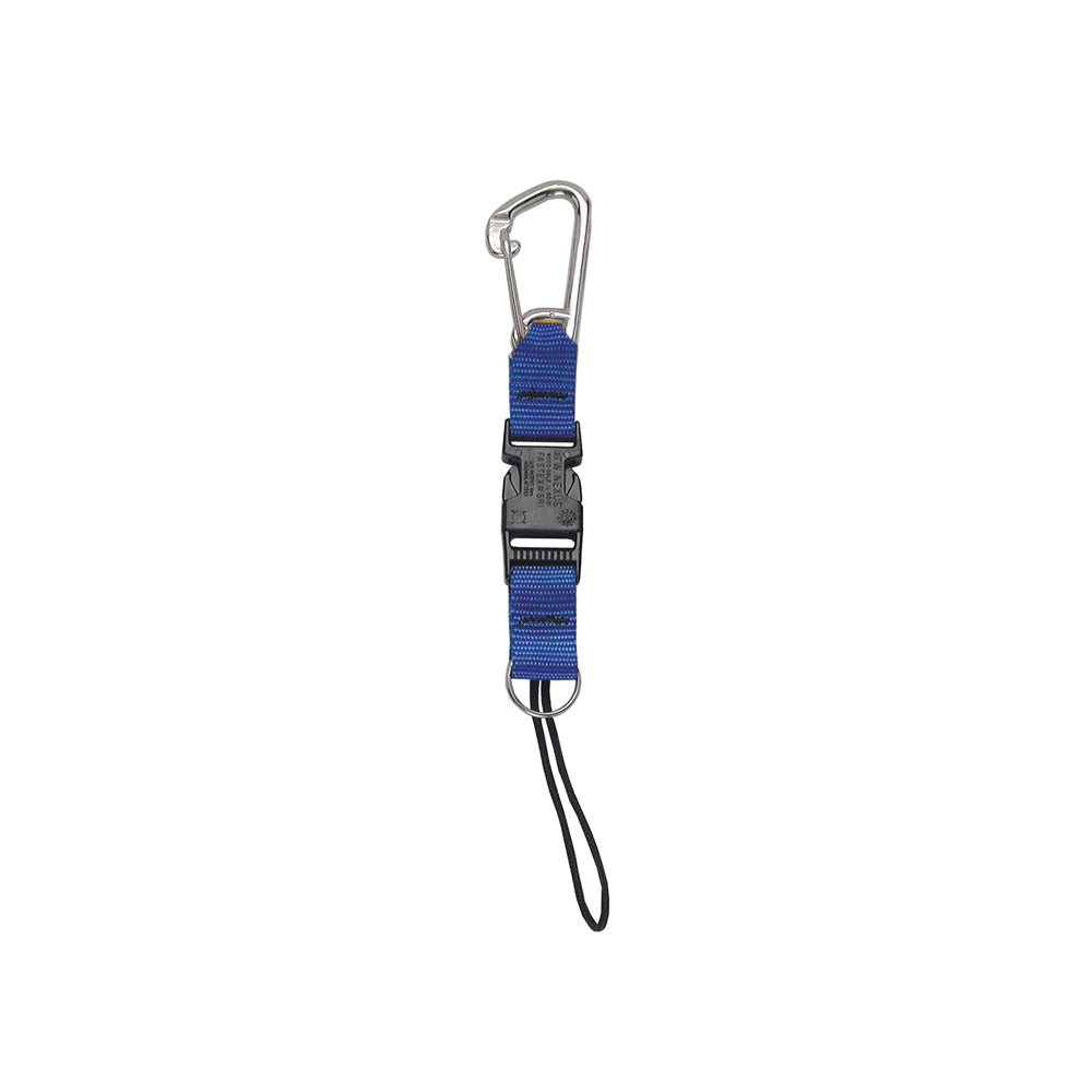 Innovative Scuba Concepts split ring quick-release lanyard in blue webbing with a carabiner clip
