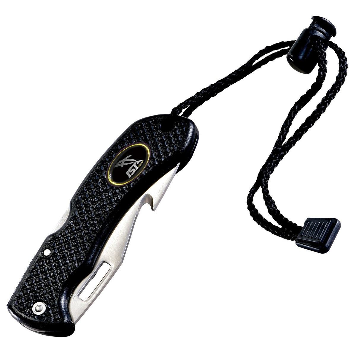 IST folding BC knife opened, stainless steel blade and black handle with lanyard