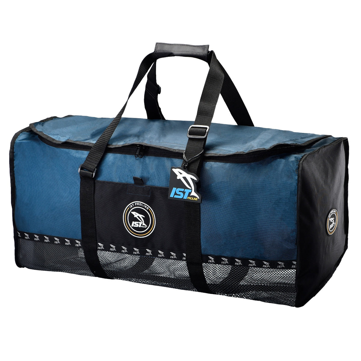 IST mesh duffel bag in blue and black with mesh lower panels and carry handles