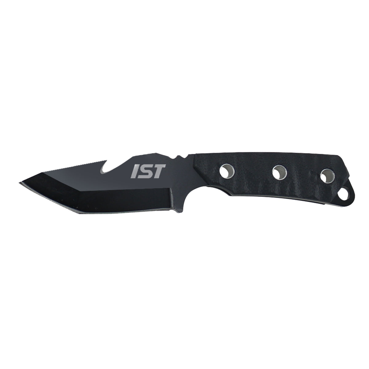 IST black mini BC knife with a blackened 440C blade and G10 handle
