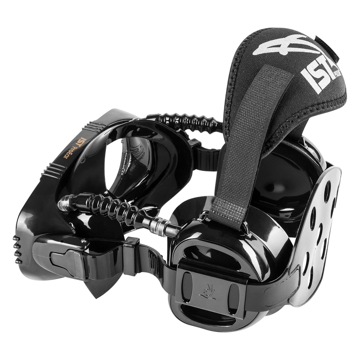 IST Pro Ear mask in black showing the twin lenses, ear cups and equalising tubes