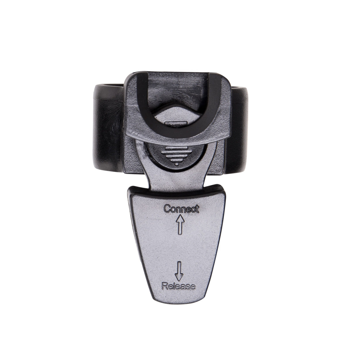 IST black quick-release snorkel holder, angled view of the clamp ring