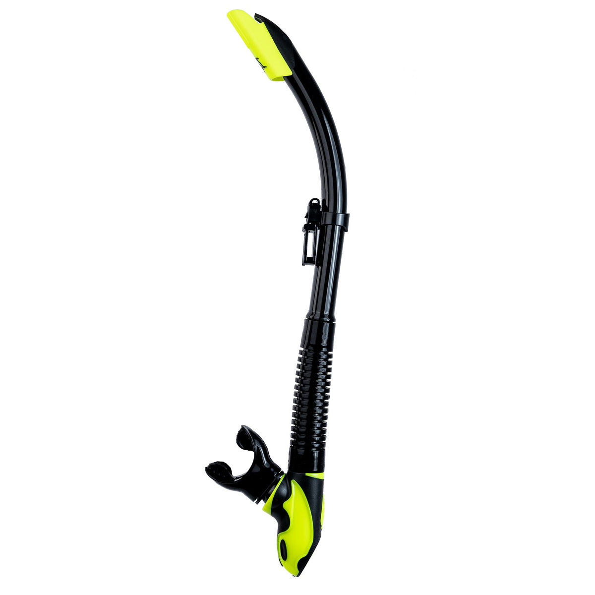 IST splash guard snorkel in black with purge valve and swivel mouthpiece