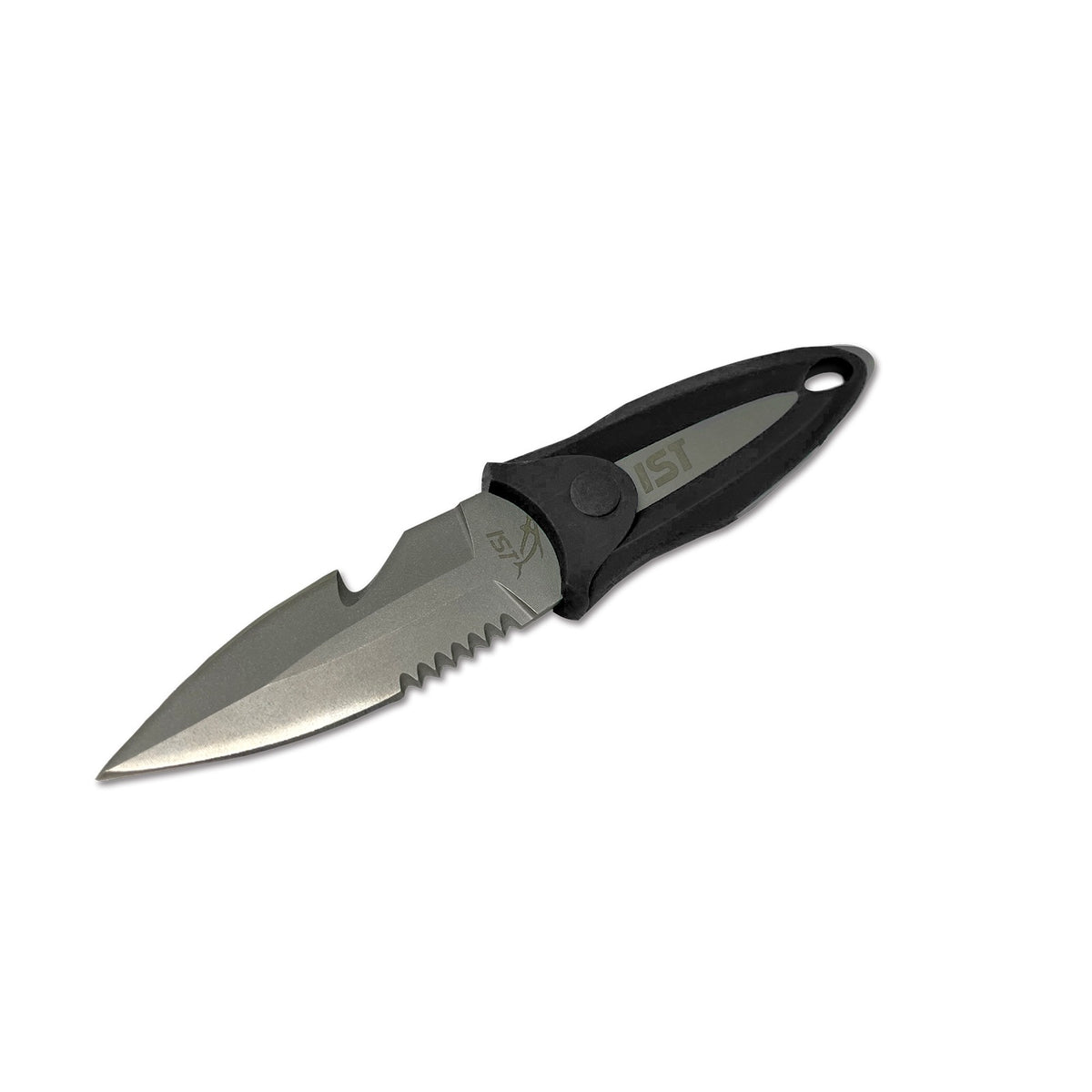 IST titanium BC knife with a black handle and serrated blade