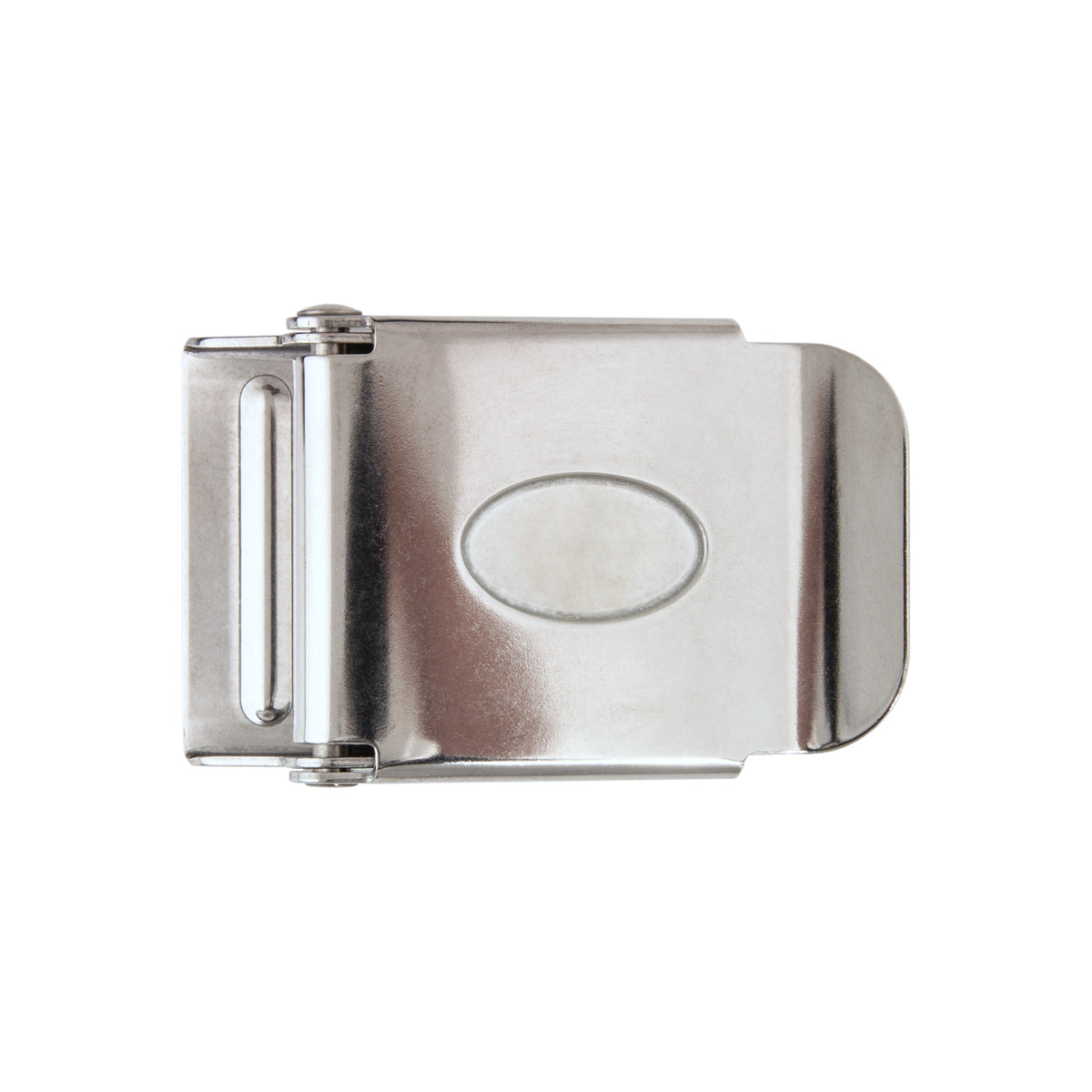 Tecline stainless steel 50 mm belt buckle with oval Tecline logo badge