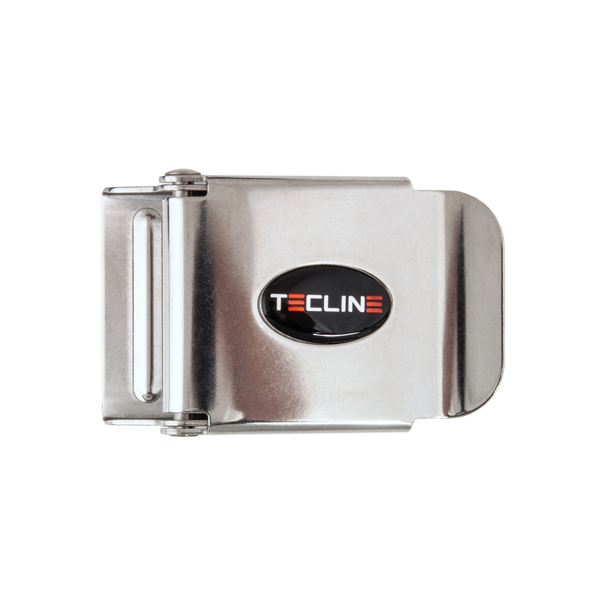 Tecline stainless steel 50 mm belt buckle with oval Tecline logo badge