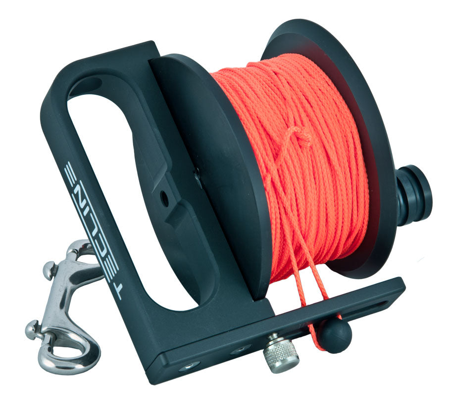 Tecline Explorer Cave reel, 115 m version with Delrin drum, orange line and double-ender