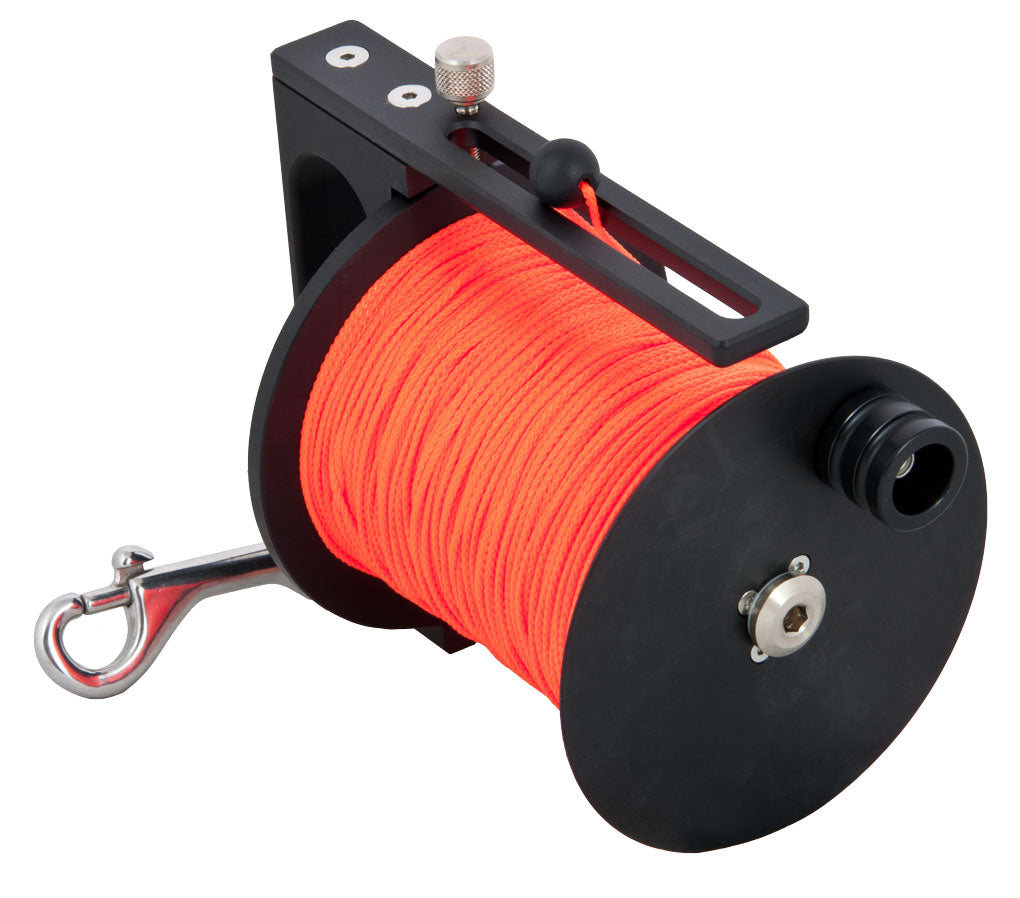 Tecline Explorer Cave reel, 115 m version with Delrin drum, orange line and double-ender