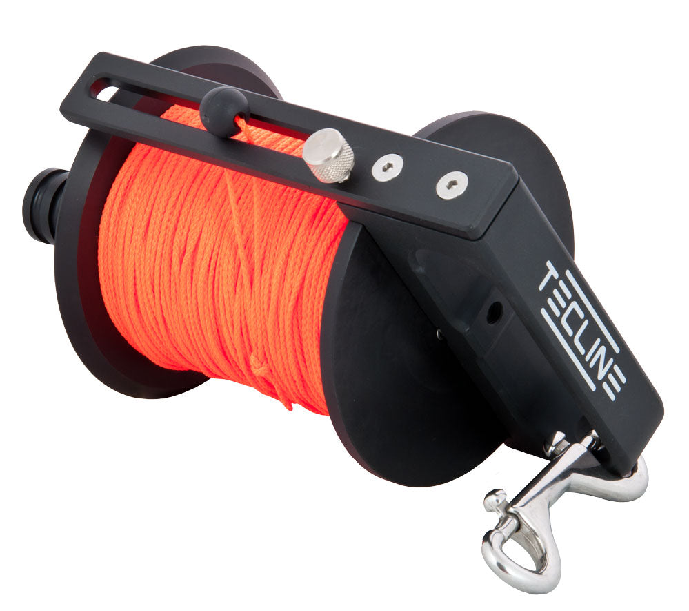 Tecline Explorer Cave reel, 115 m version with Delrin drum, orange line and double-ender