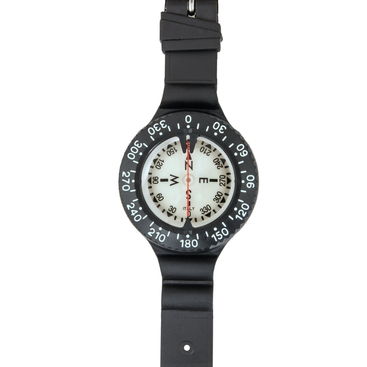 Tecline wrist dive compass on its strap, top view of the dial and bezel
