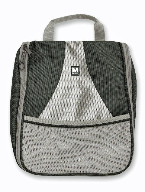 Medium hanging toiletry bag in black and grey with front mesh pocket