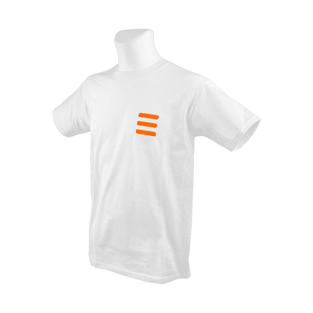 Tecline white Fruit of the Loom T-shirt on a mannequin, orange three-bar mark on the chest